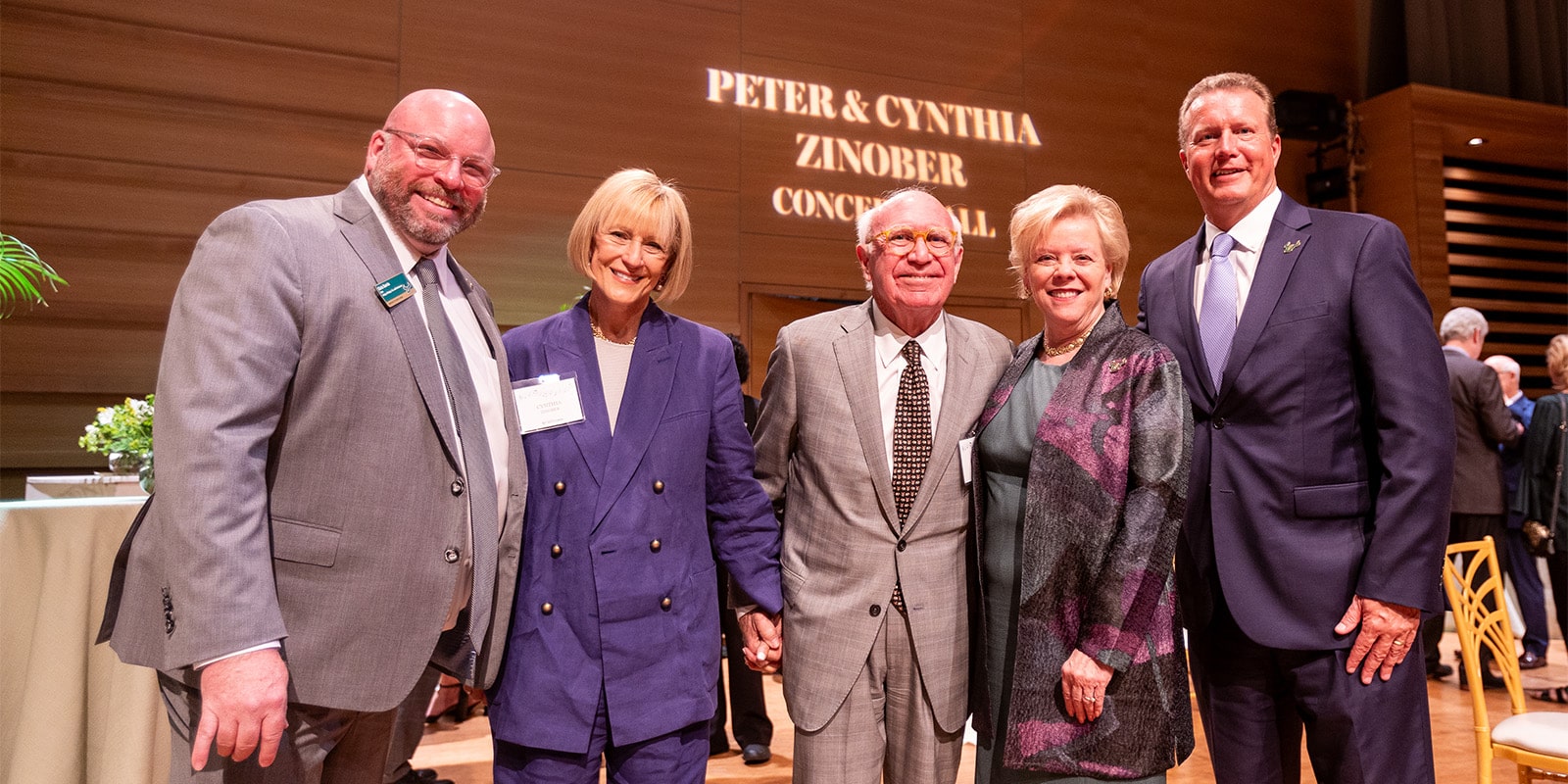 Dean Christopher Garvin, Cynthia Zinober, Pete Zinober, USF President Rhea Law and USF Foundation CEO Jay Stroman in the Peter and Cynthia Zinober Concert Hall